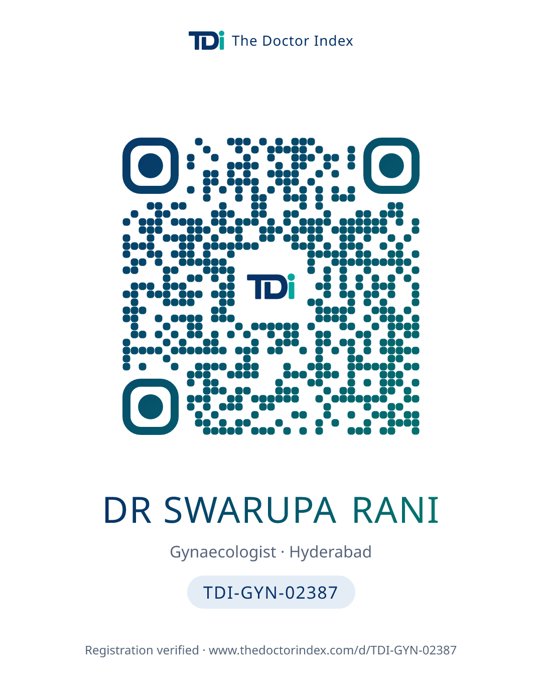 QR card for Dr Swarupa Rani, TDI-GYN-02387