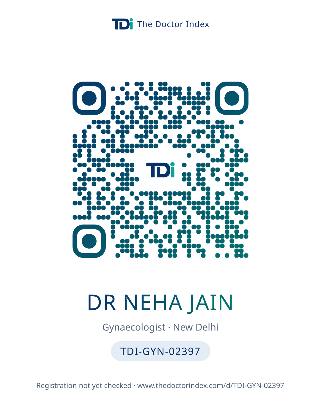 QR card for Dr Neha Jain, TDI-GYN-02397