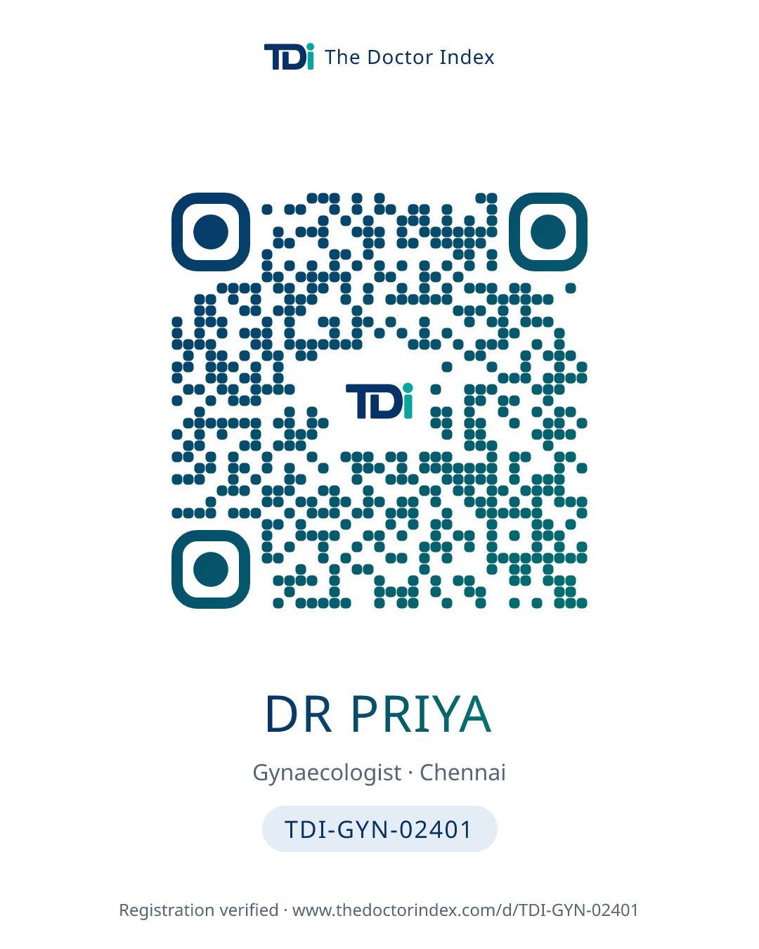 QR card for Dr Priya, TDI-GYN-02401