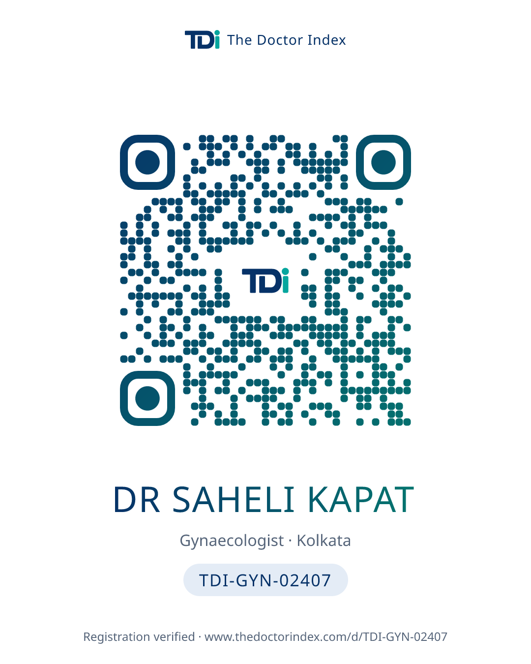 QR card for Dr Saheli Kapat, TDI-GYN-02407