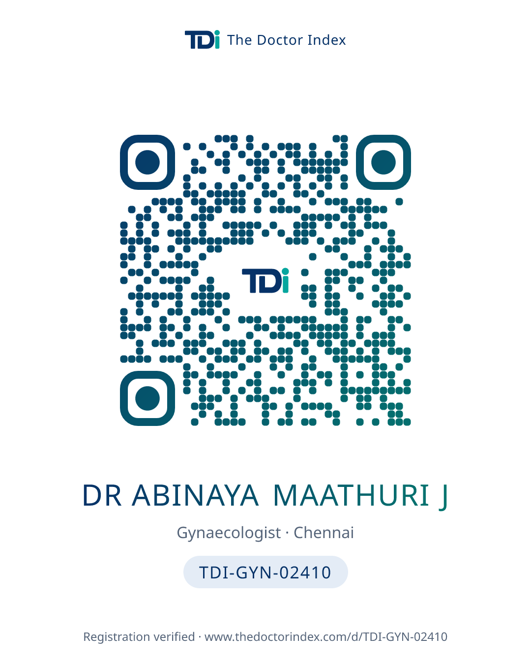 QR card for Dr Abinaya Maathuri J, TDI-GYN-02410