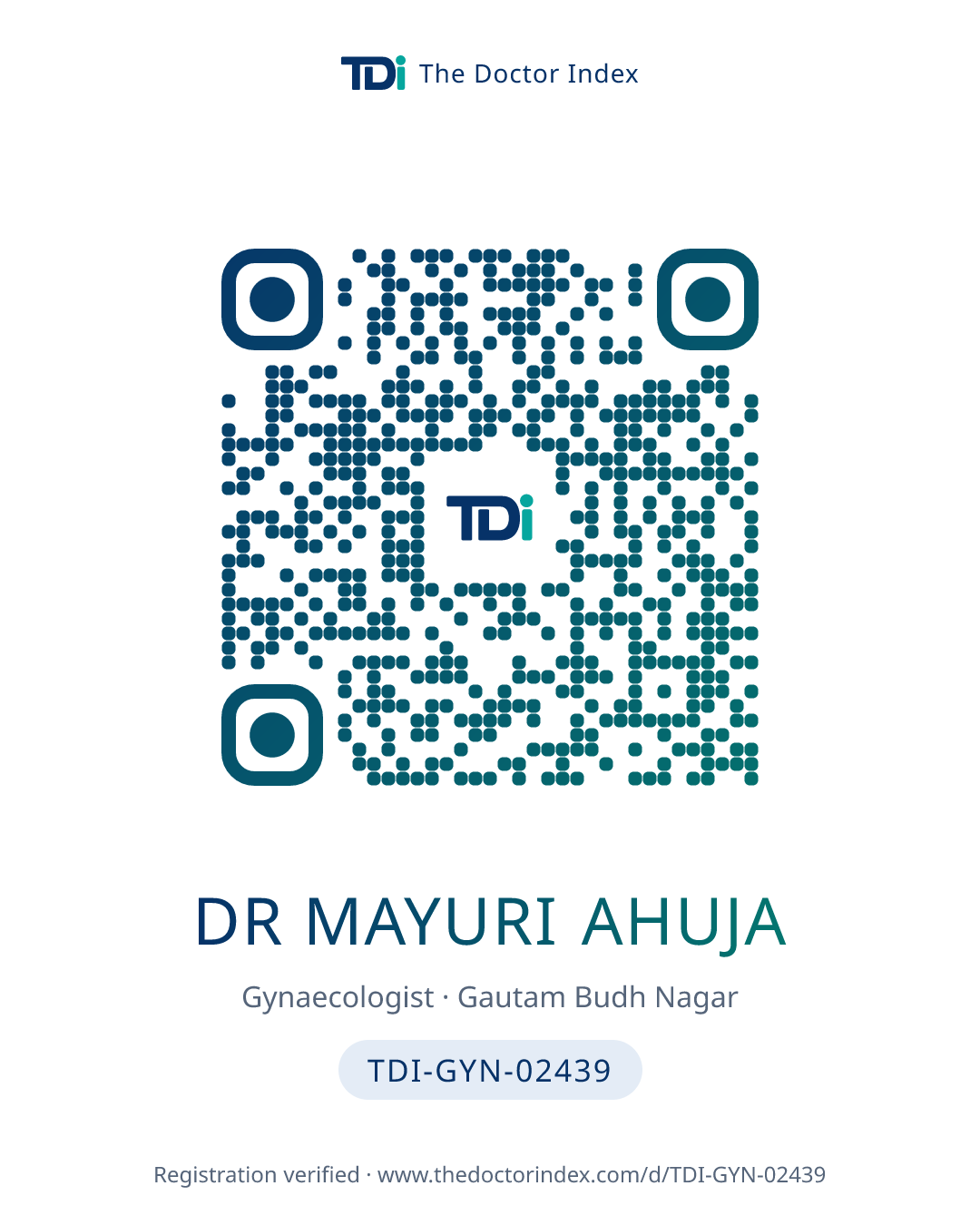 QR card for Dr Mayuri Ahuja, TDI-GYN-02439