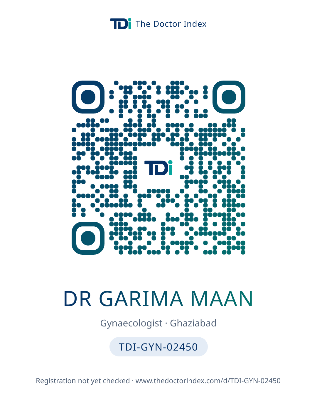 QR card for Dr Garima Maan, TDI-GYN-02450