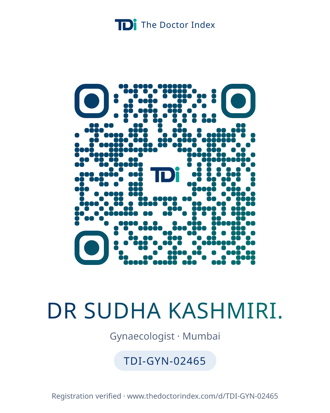 QR card for Dr Sudha Kashmiri., TDI-GYN-02465