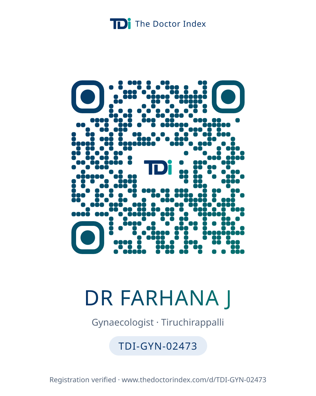 QR card for Dr Farhana J, TDI-GYN-02473