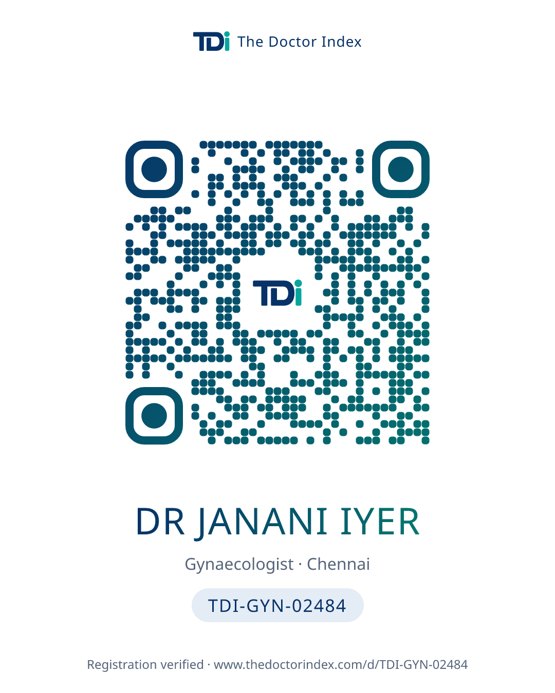 QR card for Dr Janani Iyer, TDI-GYN-02484
