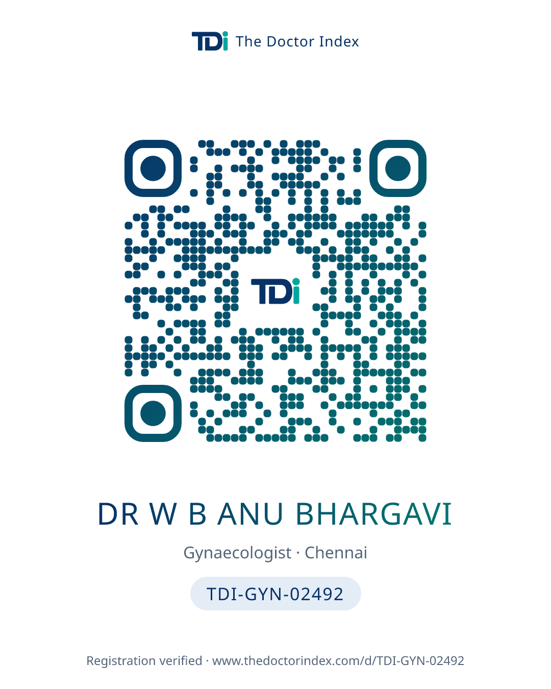 QR card for Dr W B Anu Bhargavi, TDI-GYN-02492