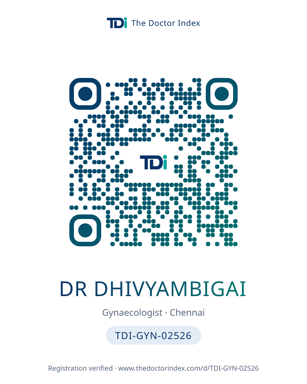 QR card for Dr Dhivyambigai, TDI-GYN-02526
