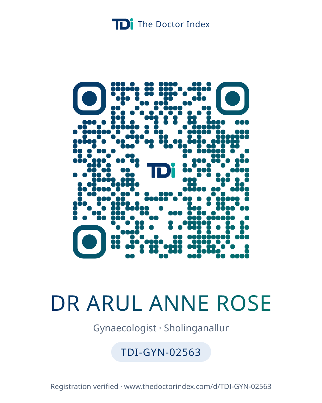 QR card for Dr Arul Anne Rose, TDI-GYN-02563