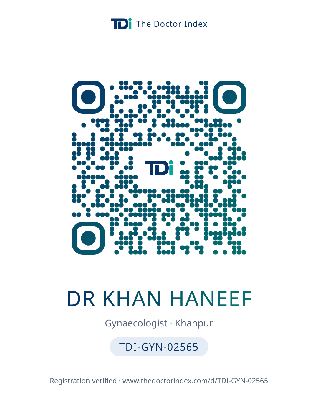 QR card for Dr Khan Haneef, TDI-GYN-02565