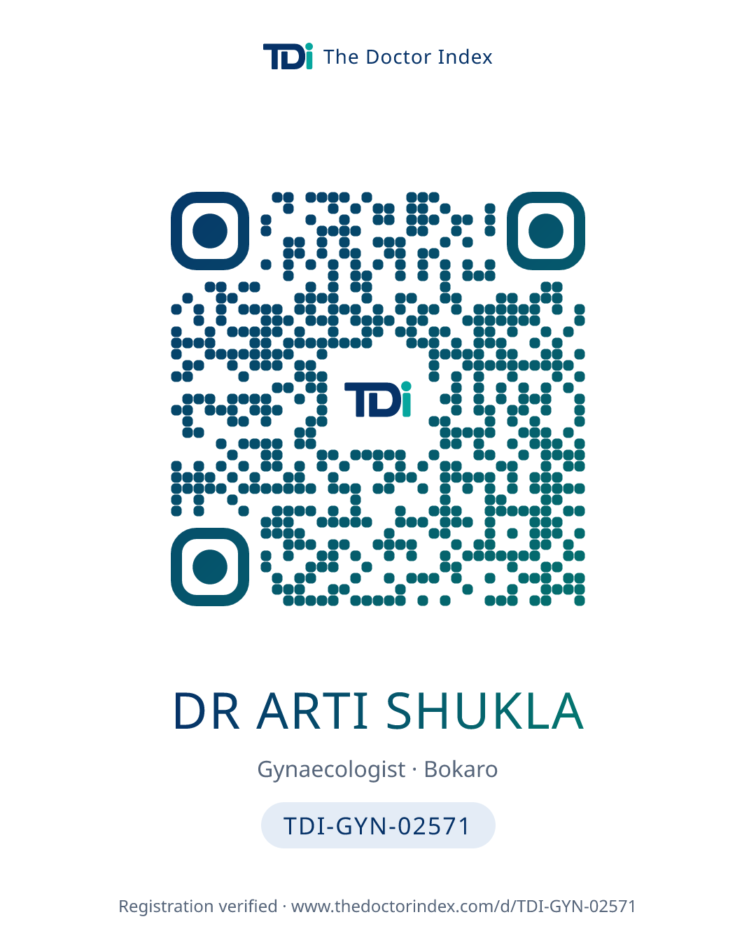 QR card for Dr Arti Shukla, TDI-GYN-02571