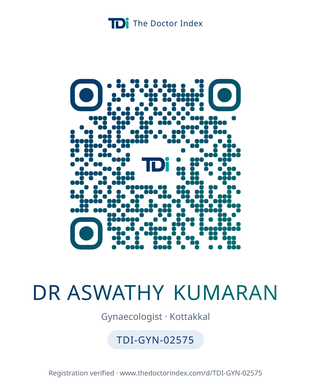 QR card for Dr Aswathy Kumaran, TDI-GYN-02575