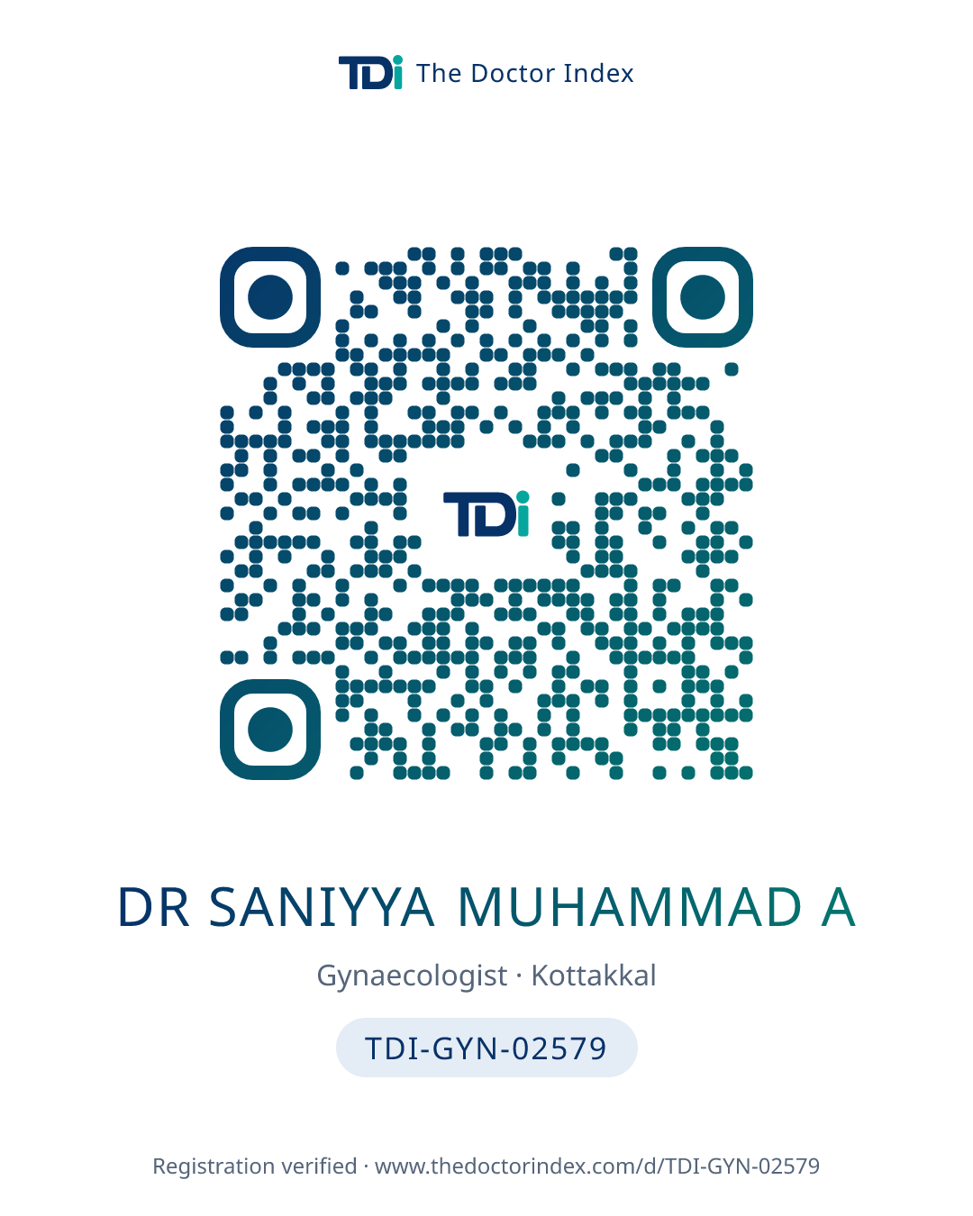 QR card for Dr Saniyya Muhammad A, TDI-GYN-02579