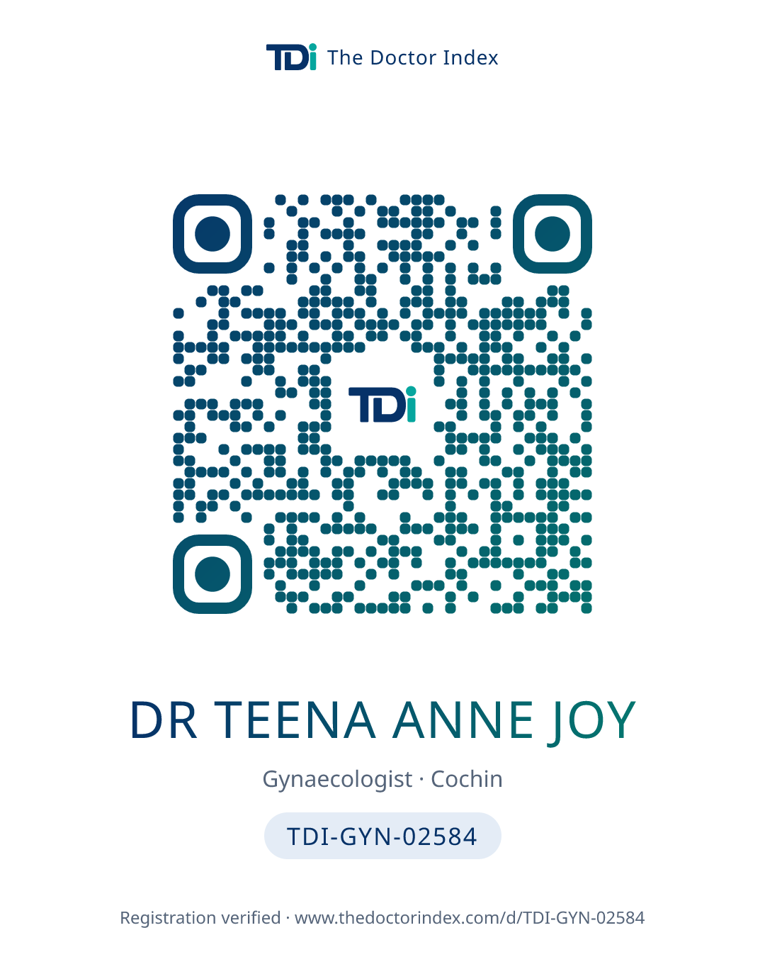 QR card for Dr Teena Anne Joy, TDI-GYN-02584