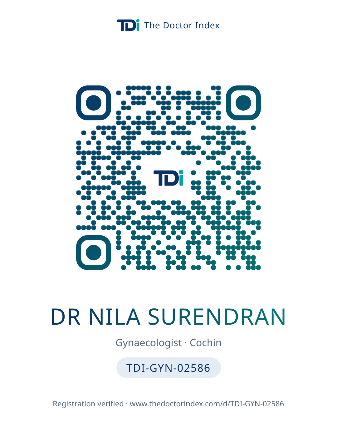 QR card for Dr Nila Surendran, TDI-GYN-02586