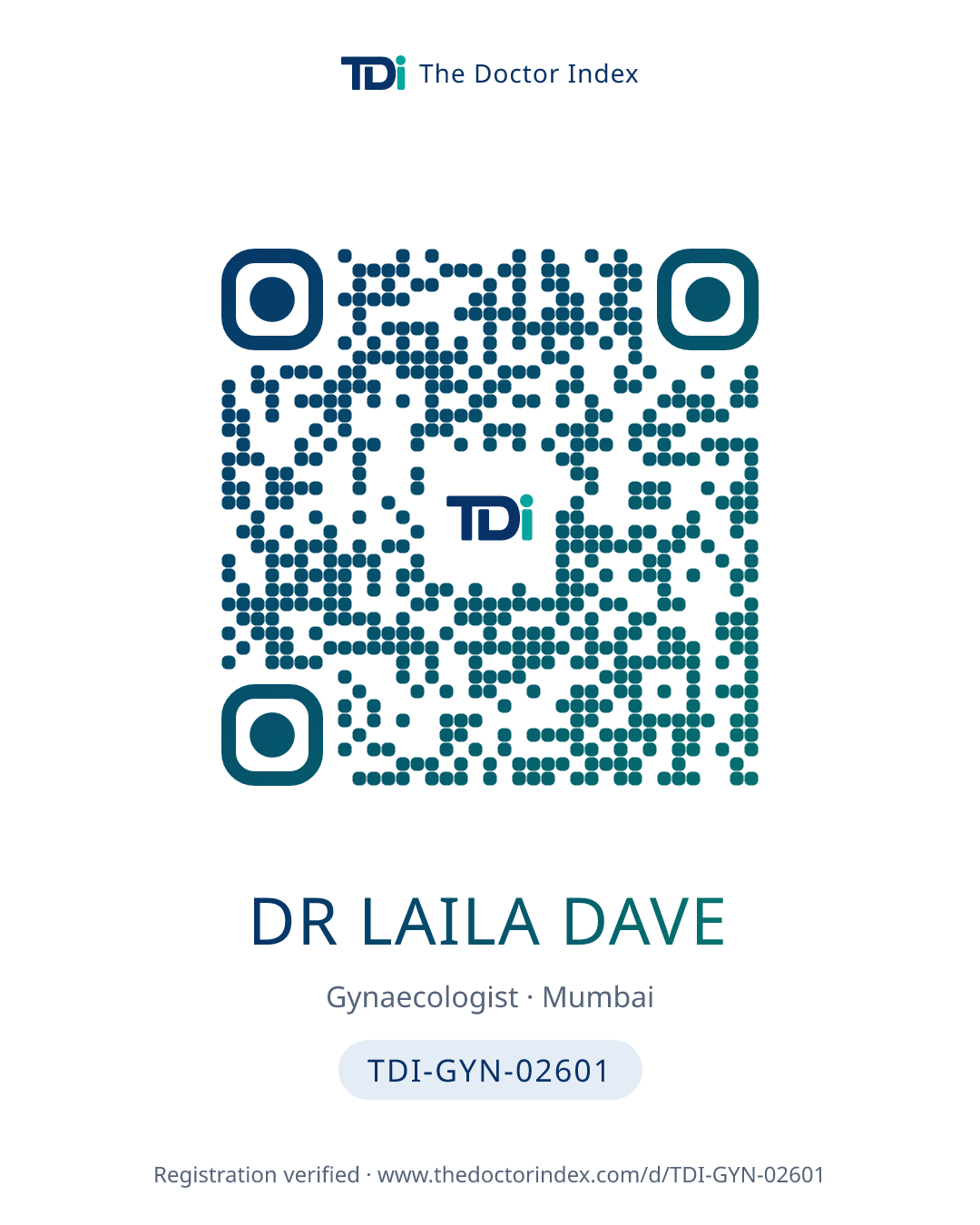QR card for Dr Laila Dave, TDI-GYN-02601