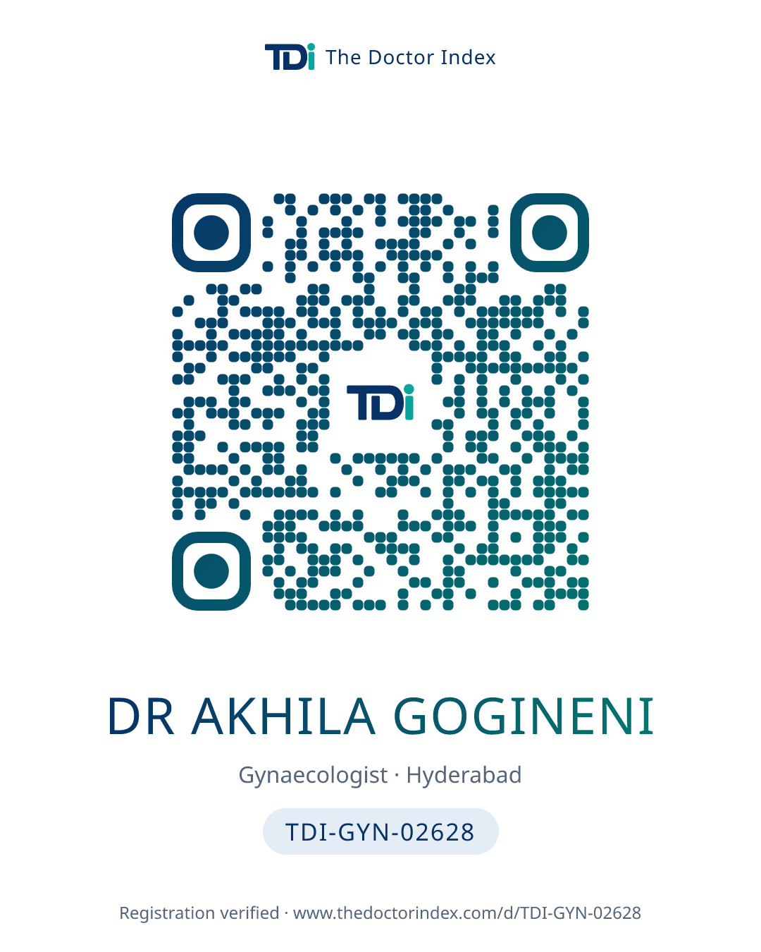 QR card for Dr Akhila Gogineni, TDI-GYN-02628