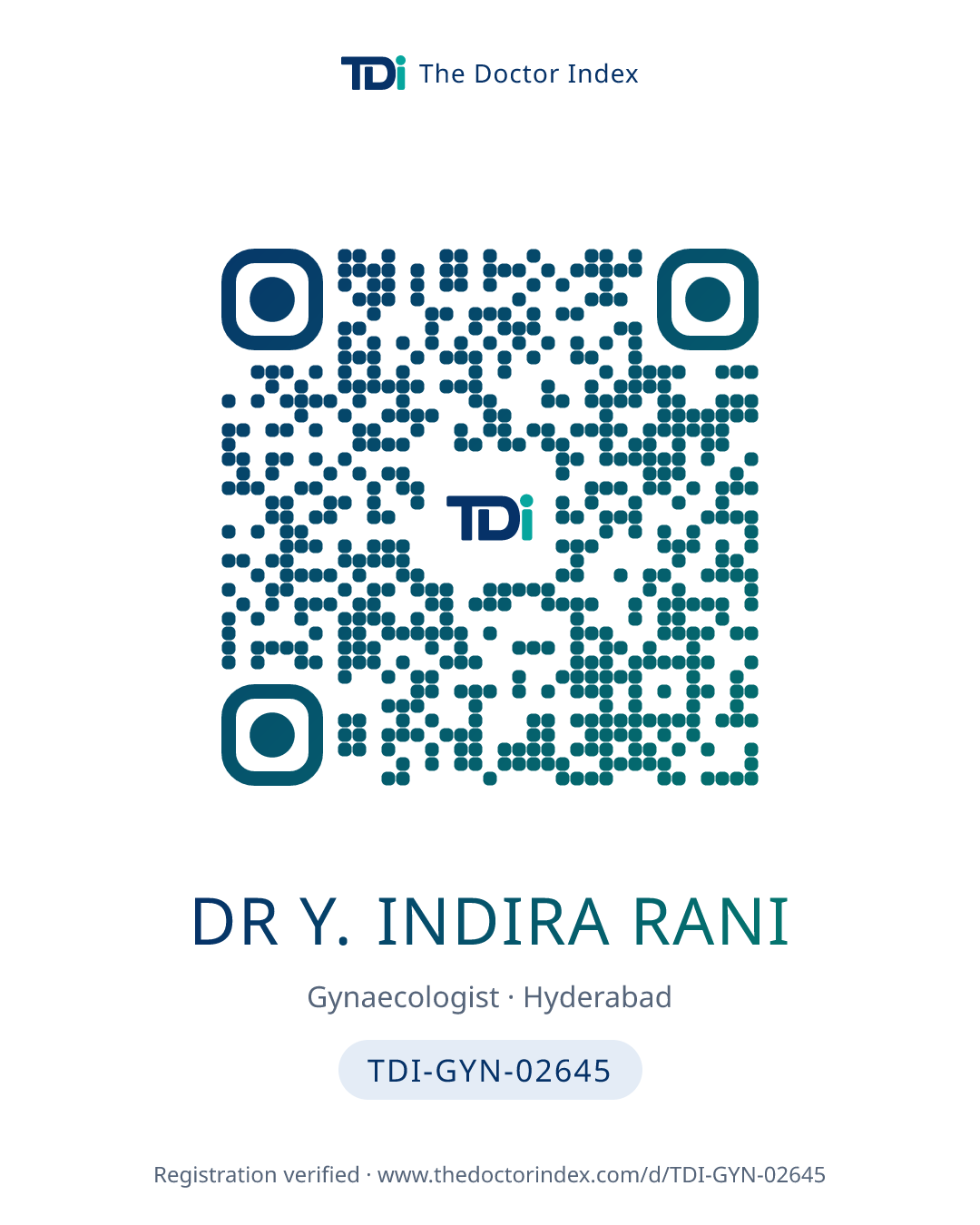 QR card for Dr Y. Indira Rani, TDI-GYN-02645