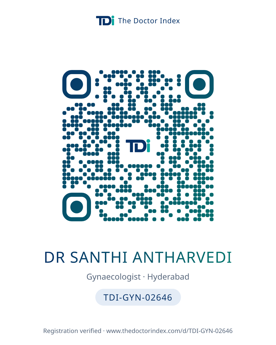 QR card for Dr Santhi Antharvedi, TDI-GYN-02646