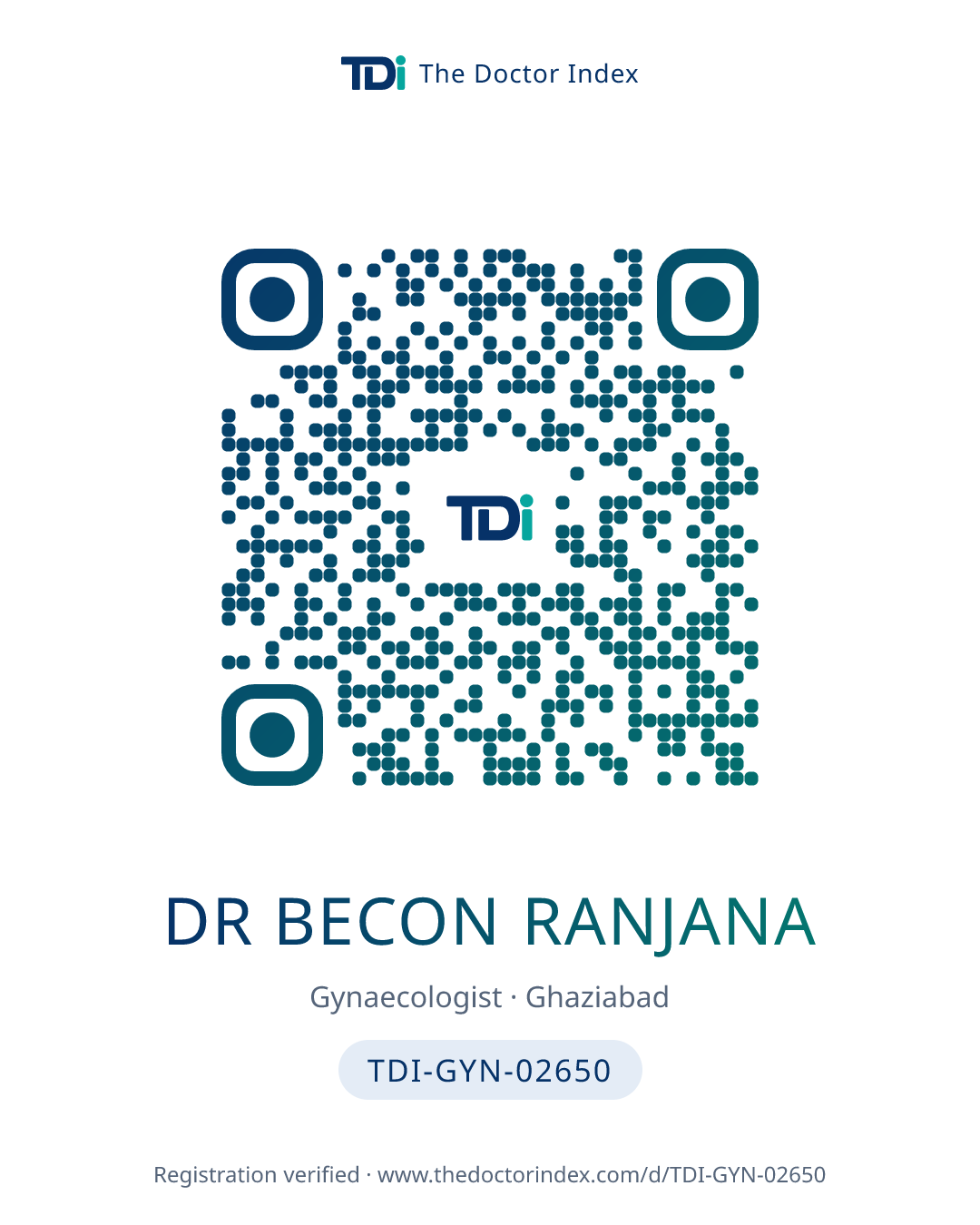 QR card for Dr Becon Ranjana, TDI-GYN-02650