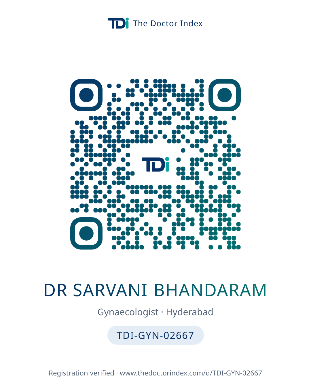 QR card for Dr Sarvani Bhandaram, TDI-GYN-02667