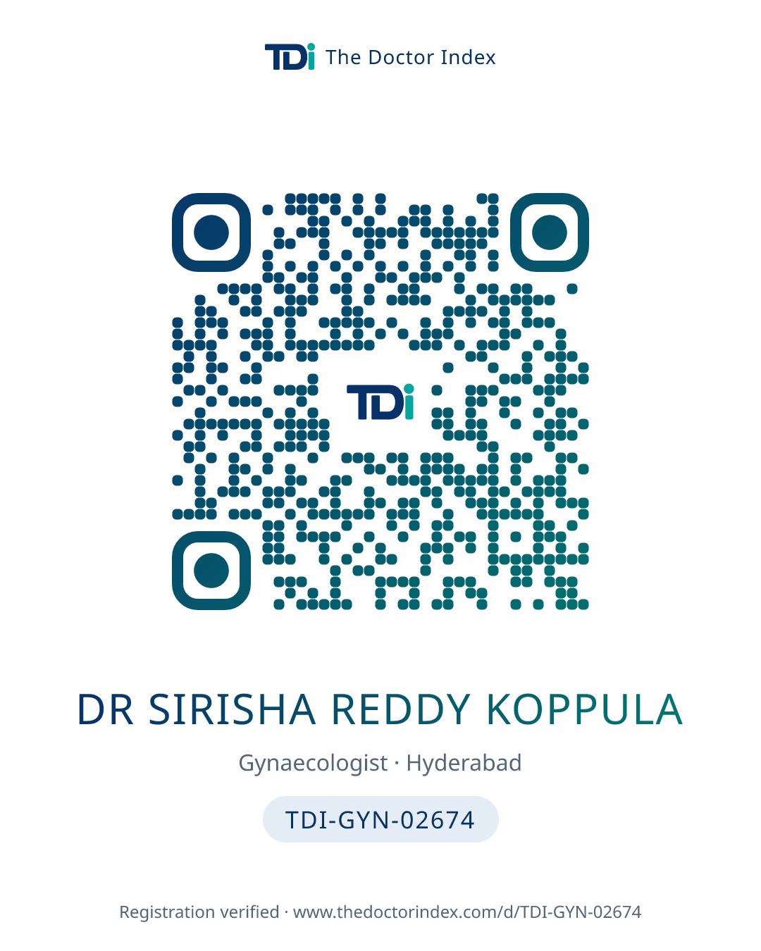 QR card for Dr Sirisha Reddy Koppula, TDI-GYN-02674