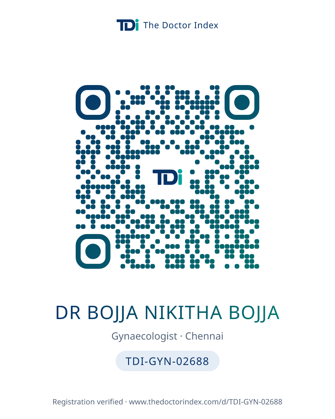 QR card for Dr Bojja Nikitha Bojja, TDI-GYN-02688