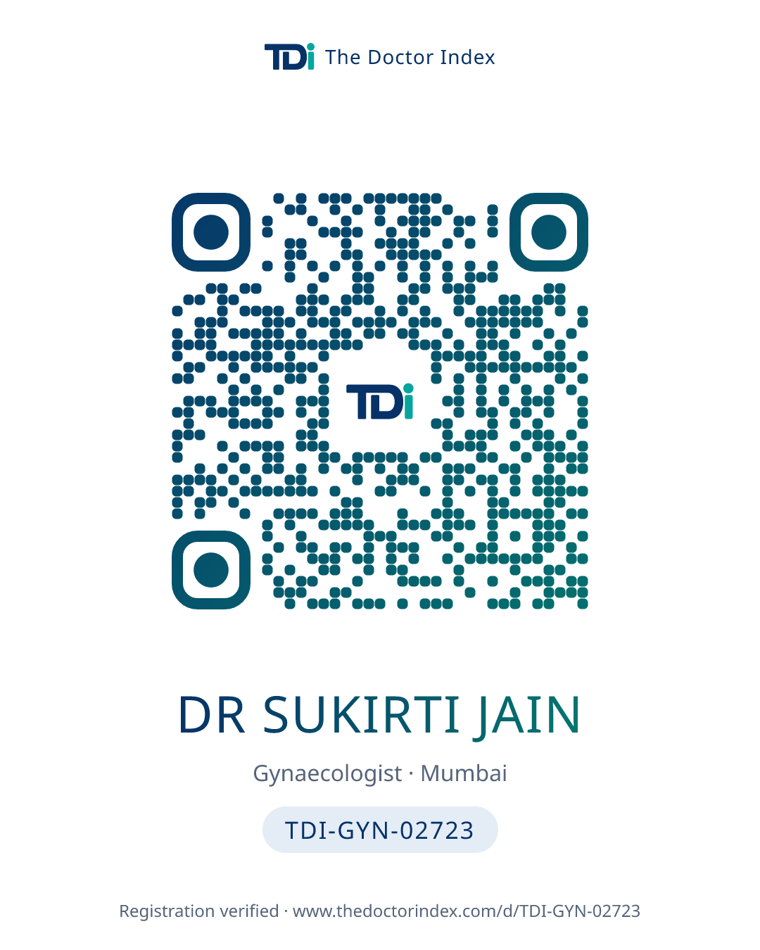 QR card for Dr Sukirti Jain, TDI-GYN-02723