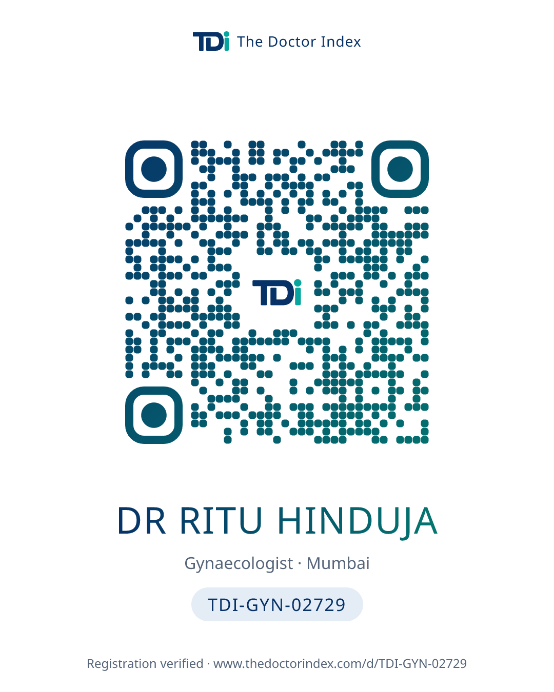 QR card for Dr Ritu Hinduja, TDI-GYN-02729