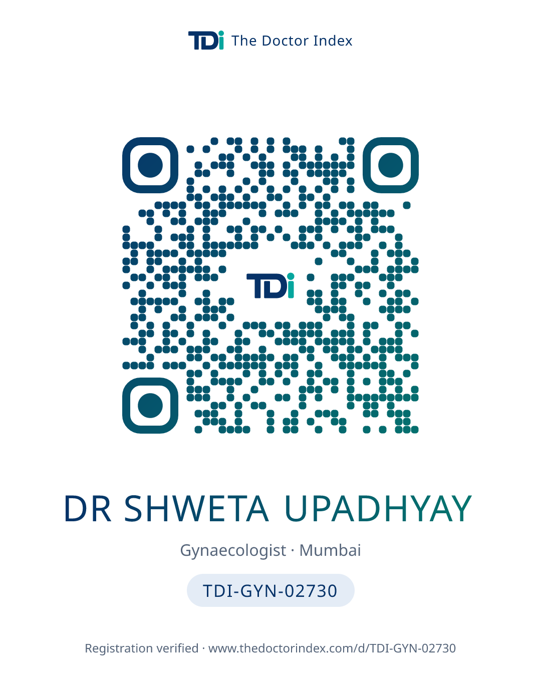 QR card for Dr Shweta Upadhyay, TDI-GYN-02730