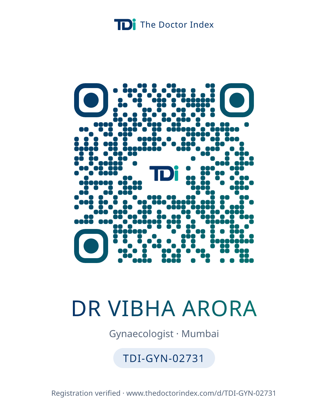 QR card for Dr Vibha Arora, TDI-GYN-02731