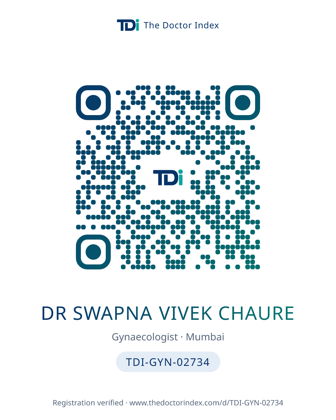 QR card for Dr Swapna Vivek Chaure, TDI-GYN-02734