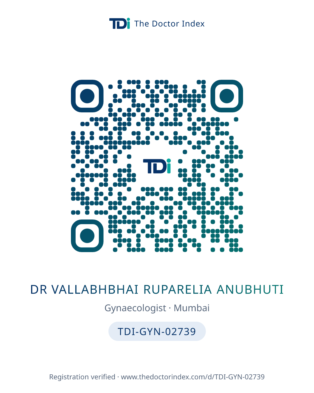 QR card for Dr Vallabhbhai Ruparelia Anubhuti, TDI-GYN-02739