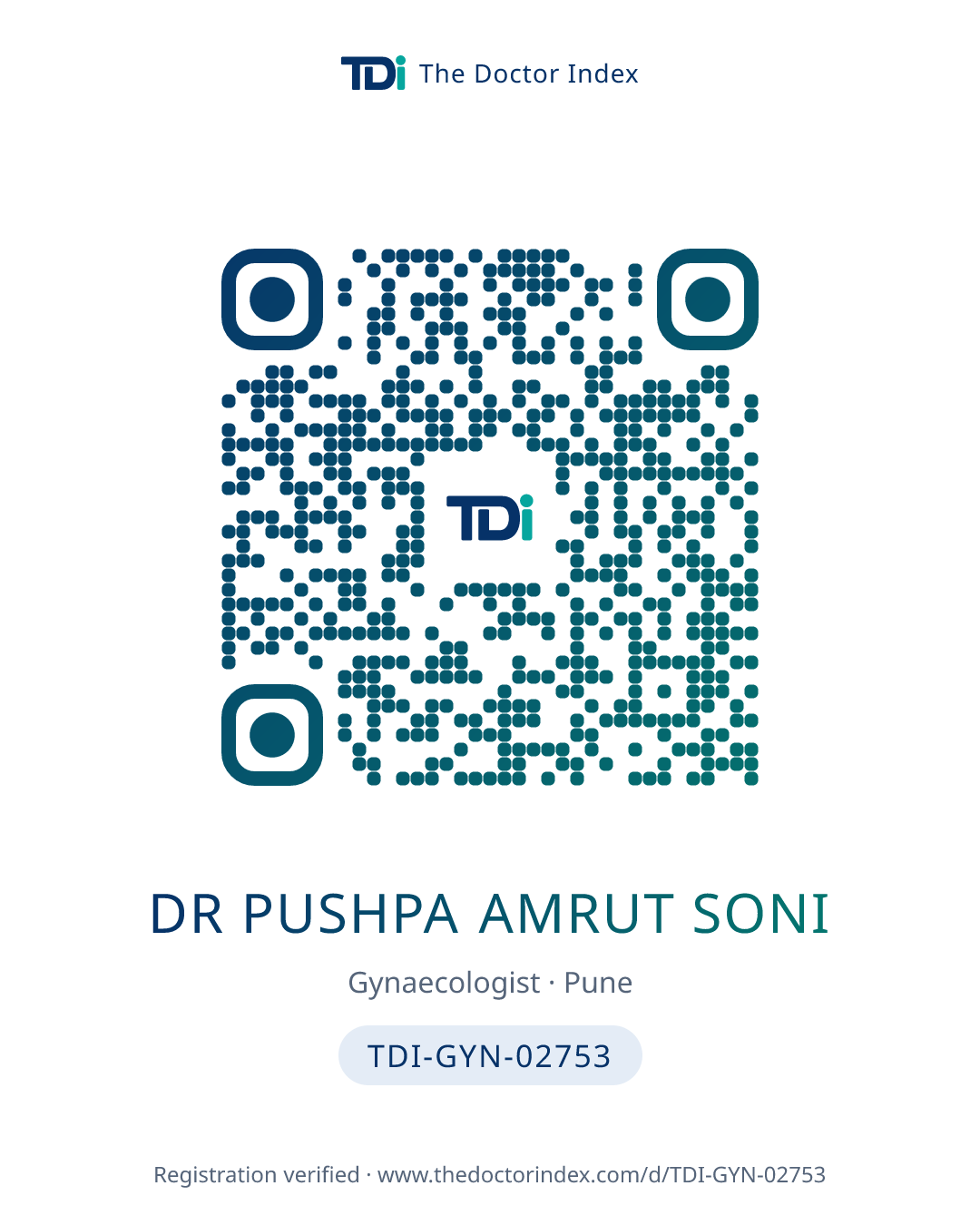 QR card for Dr Pushpa Amrut Soni, TDI-GYN-02753
