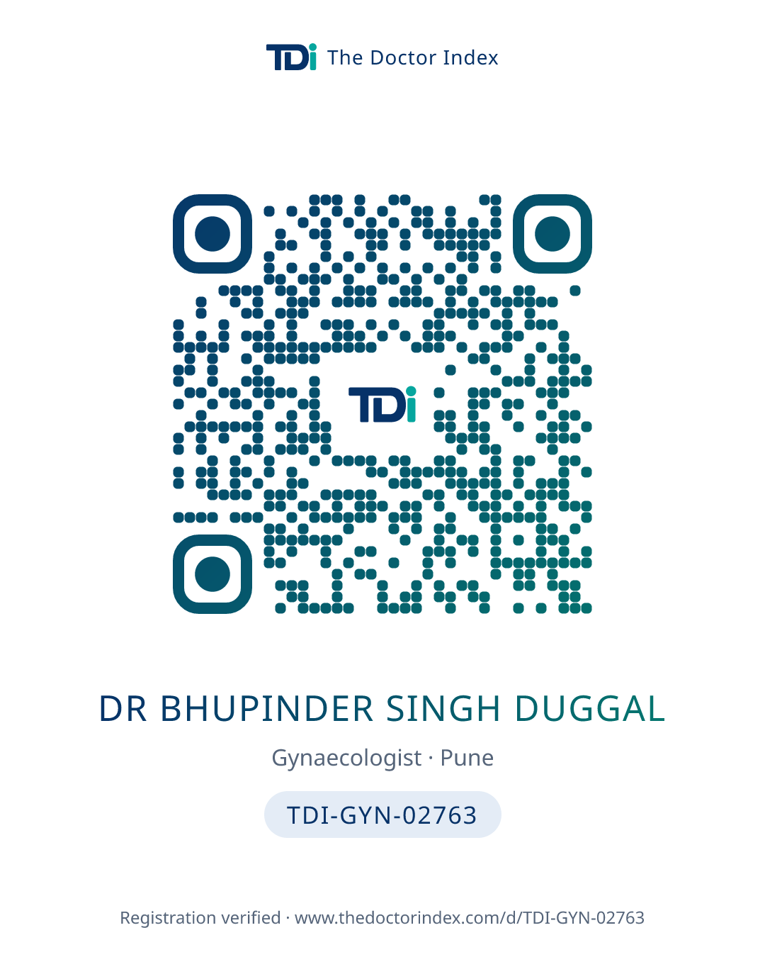 QR card for Dr Bhupinder Singh Duggal, TDI-GYN-02763