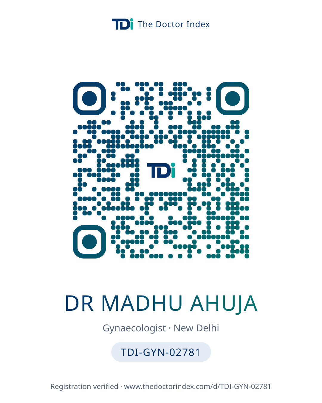 QR card for Dr Madhu Ahuja, TDI-GYN-02781