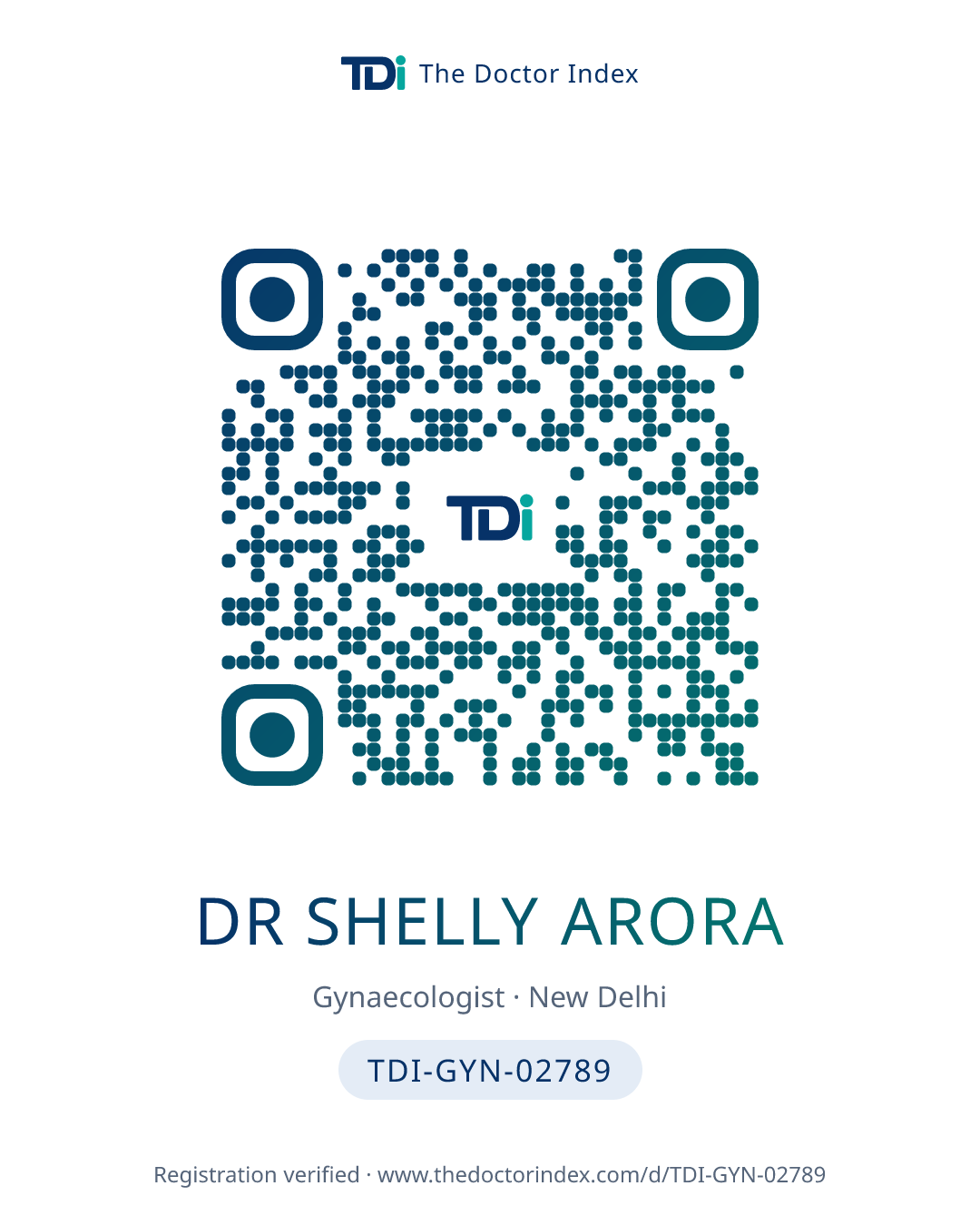 QR card for Dr Shelly Arora, TDI-GYN-02789