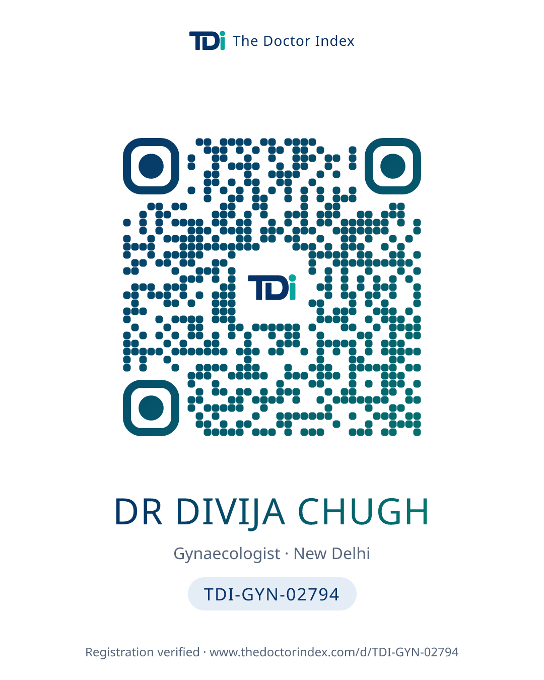 QR card for Dr Divija Chugh, TDI-GYN-02794