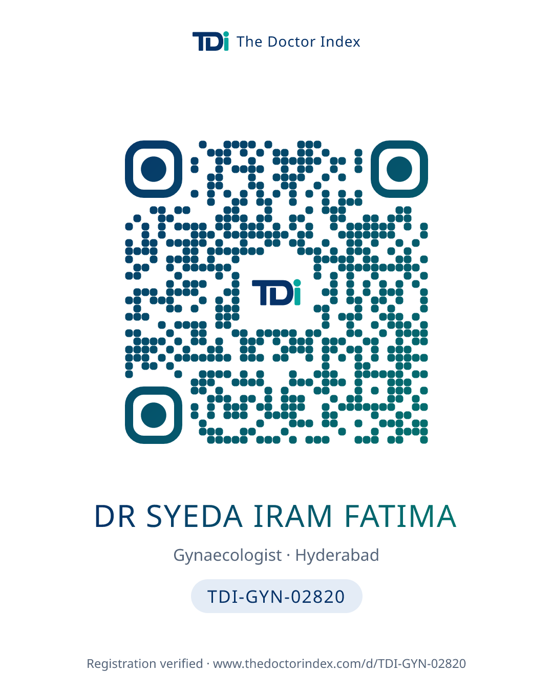 QR card for Dr Syeda Iram Fatima, TDI-GYN-02820