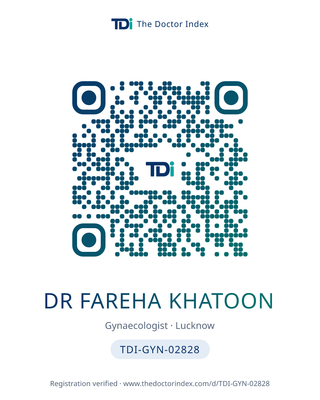 QR card for Dr Fareha Khatoon, TDI-GYN-02828