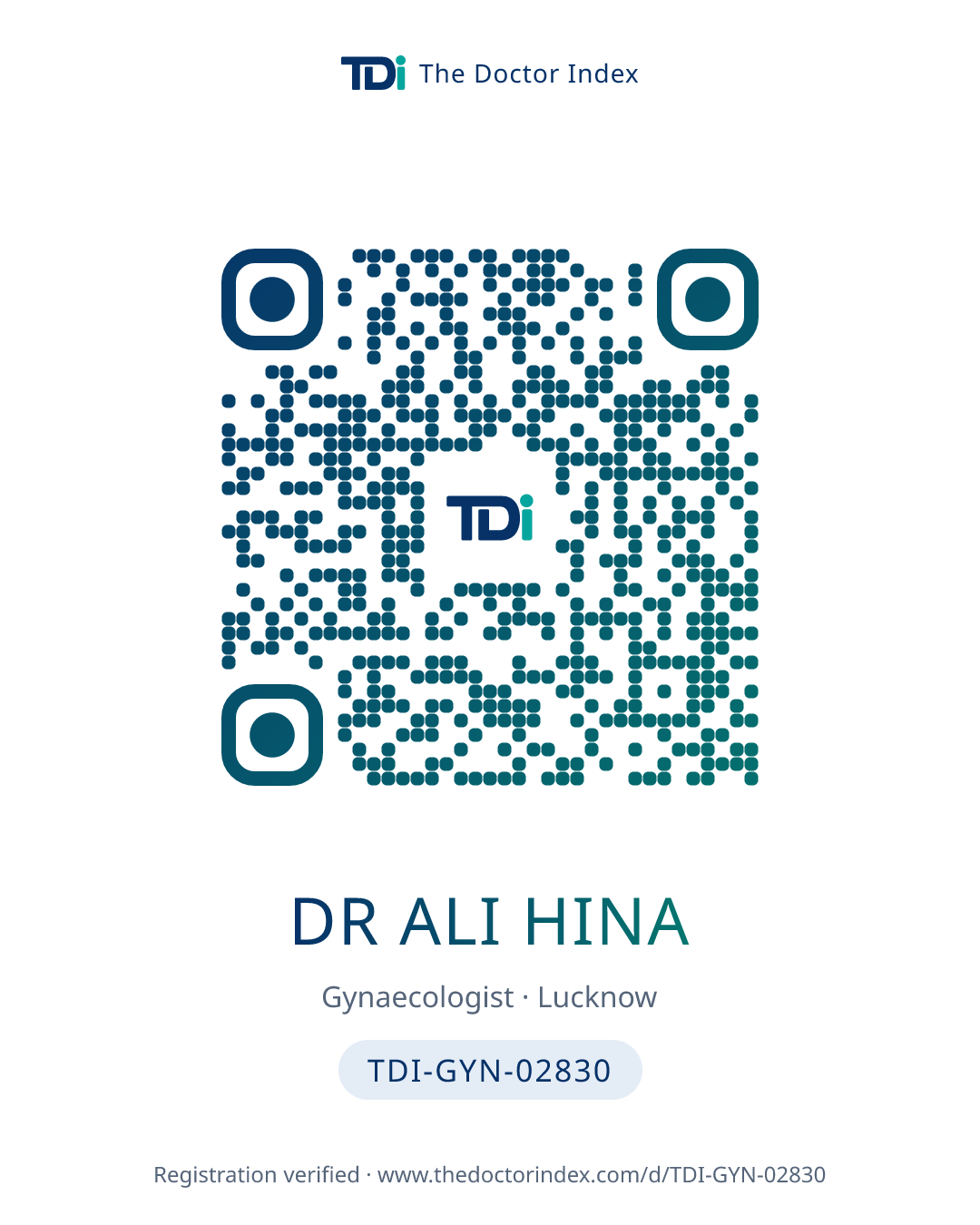 QR card for Dr Ali Hina, TDI-GYN-02830