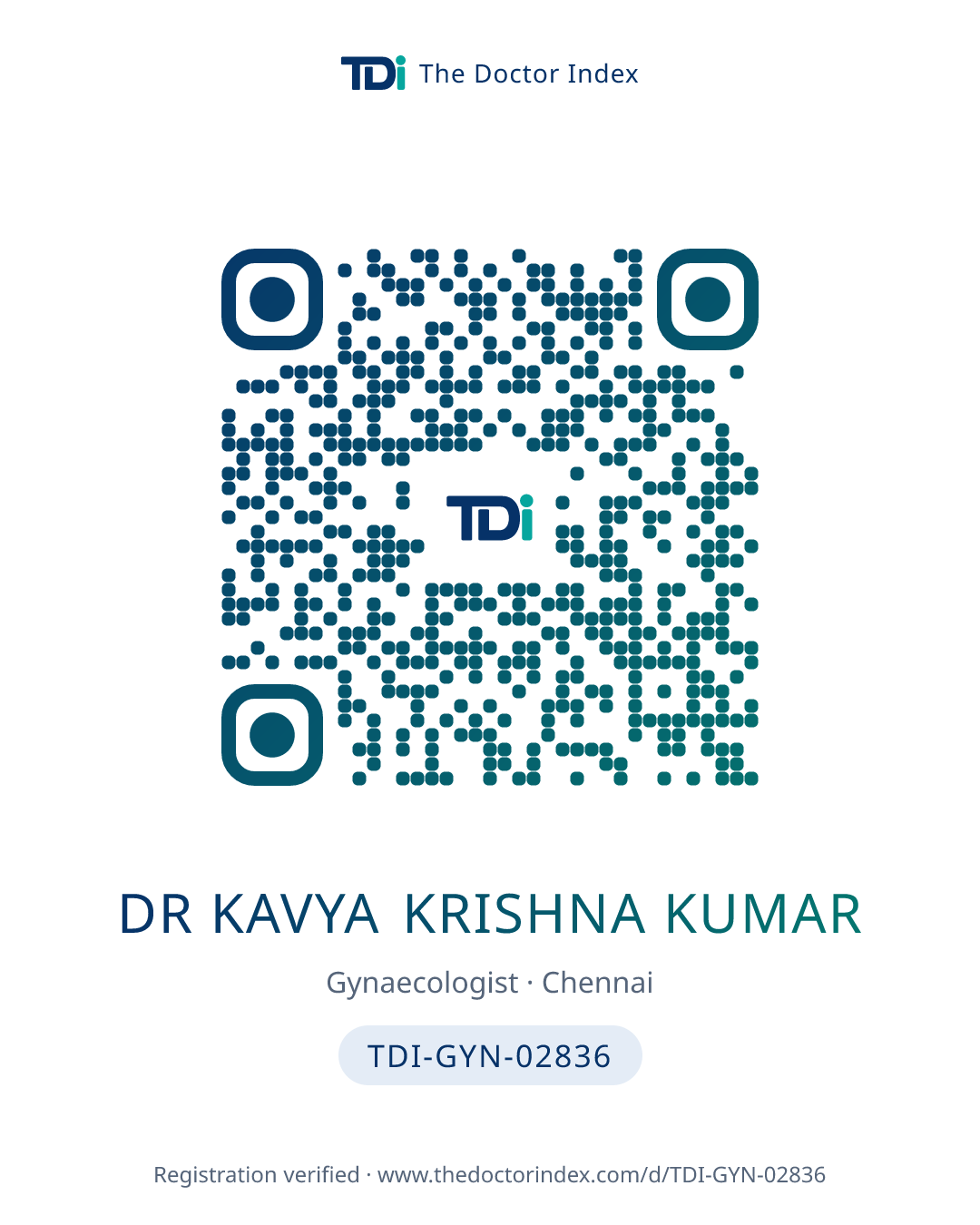 QR card for Dr Kavya Krishna Kumar, TDI-GYN-02836