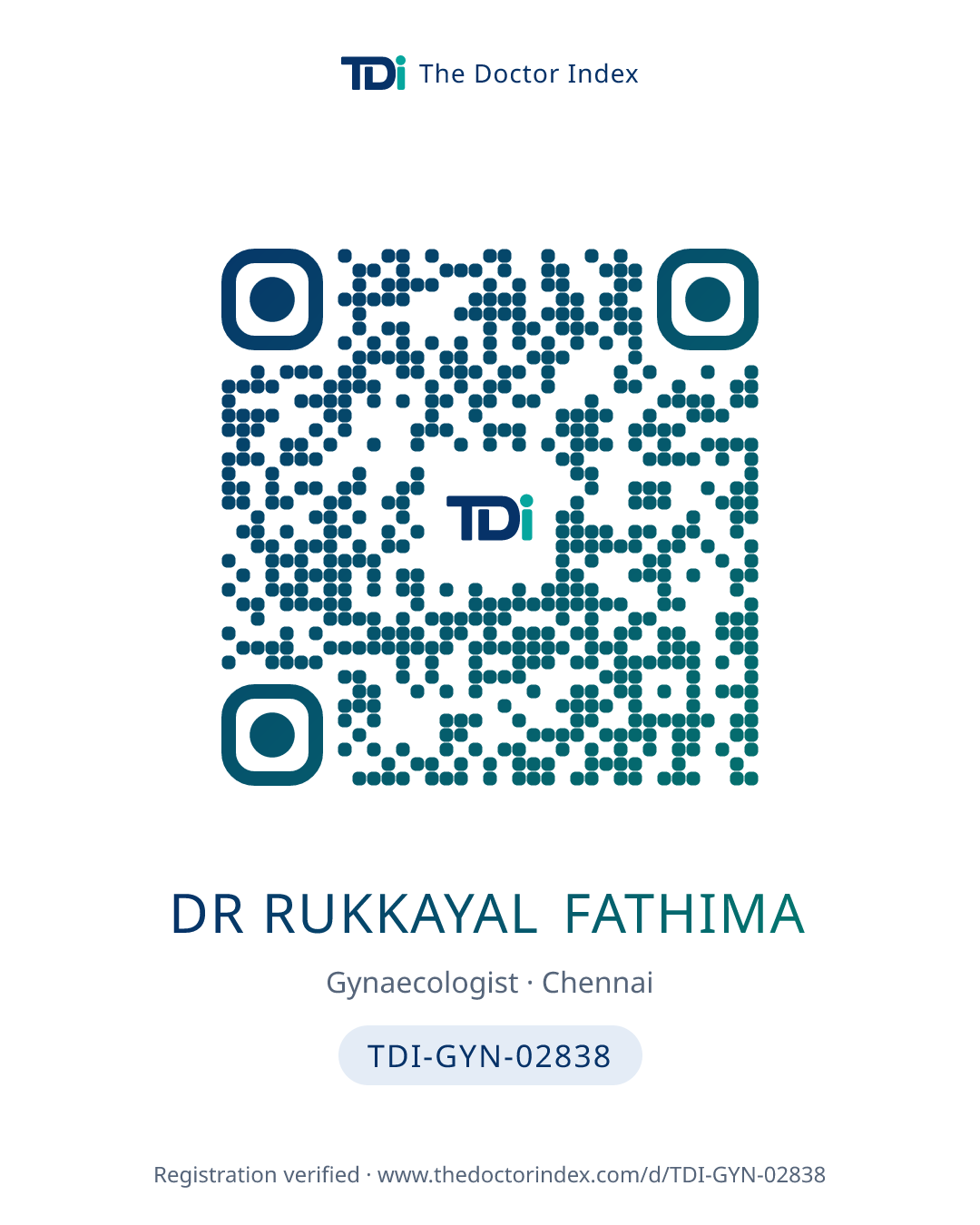 QR card for Dr Rukkayal Fathima, TDI-GYN-02838