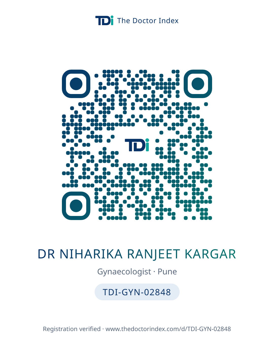 QR card for Dr Niharika Ranjeet Kargar, TDI-GYN-02848