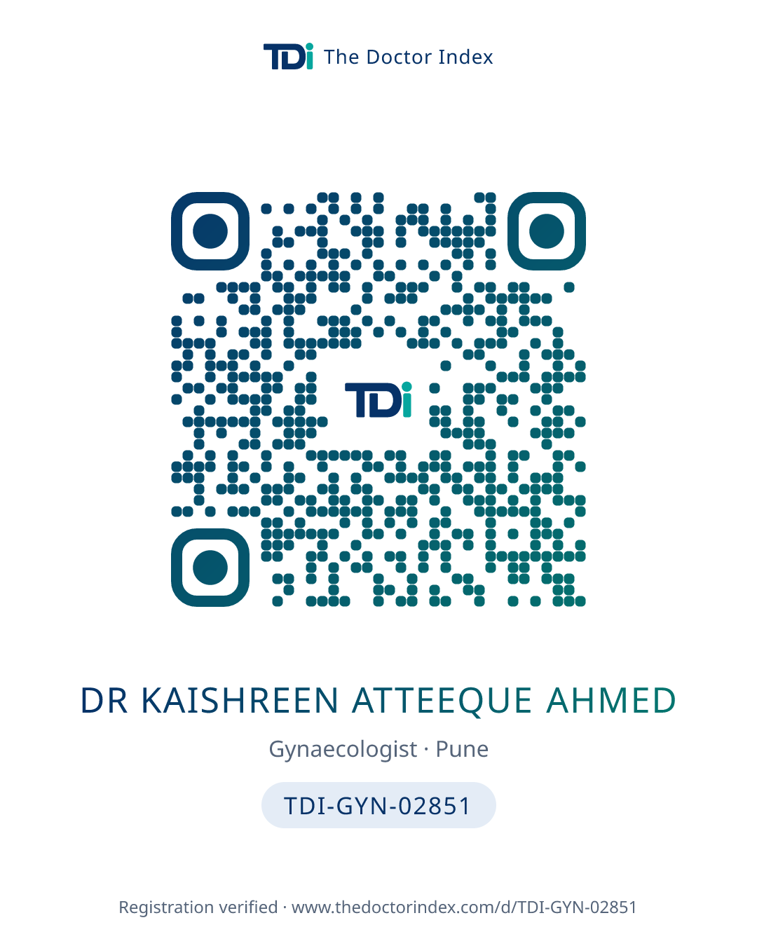 QR card for Dr Kaishreen Atteeque Ahmed, TDI-GYN-02851
