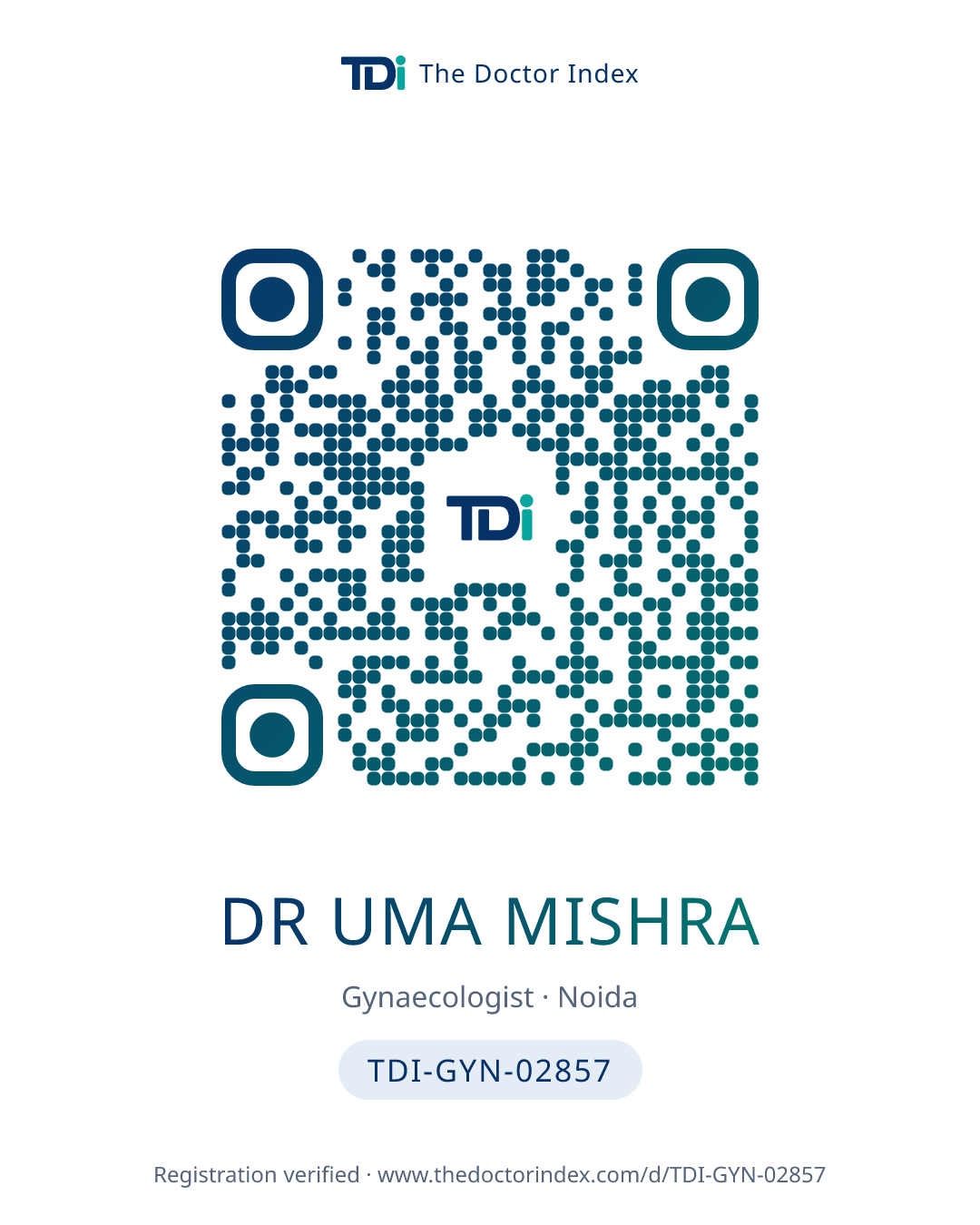 QR card for Dr Uma Mishra, TDI-GYN-02857