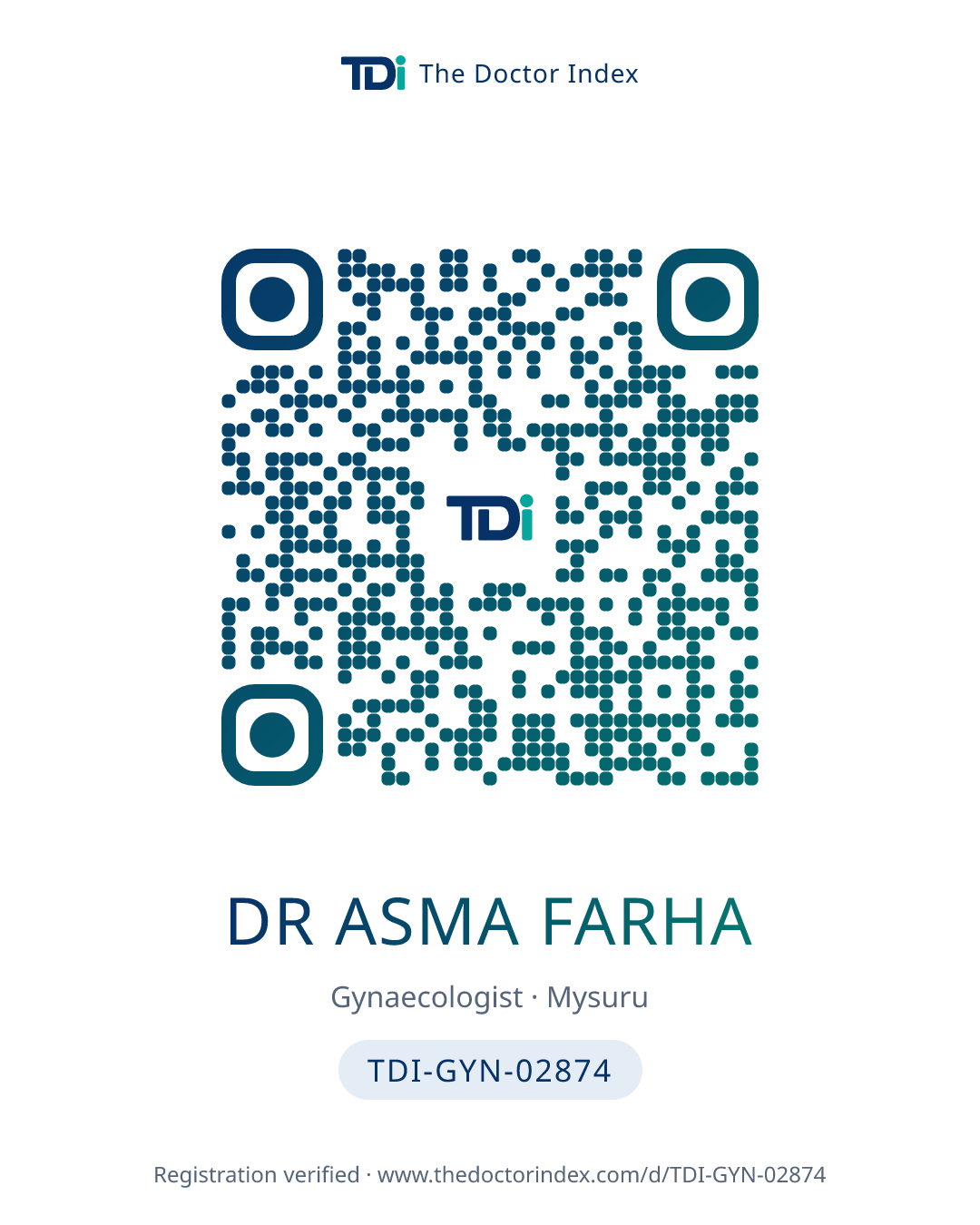 QR card for Dr Asma Farha, TDI-GYN-02874