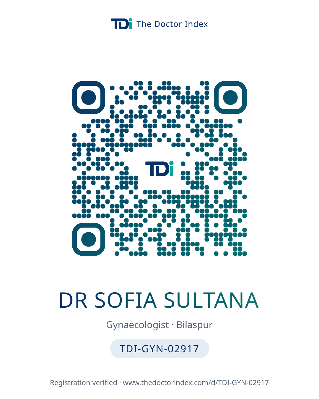 QR card for Dr Sofia Sultana, TDI-GYN-02917