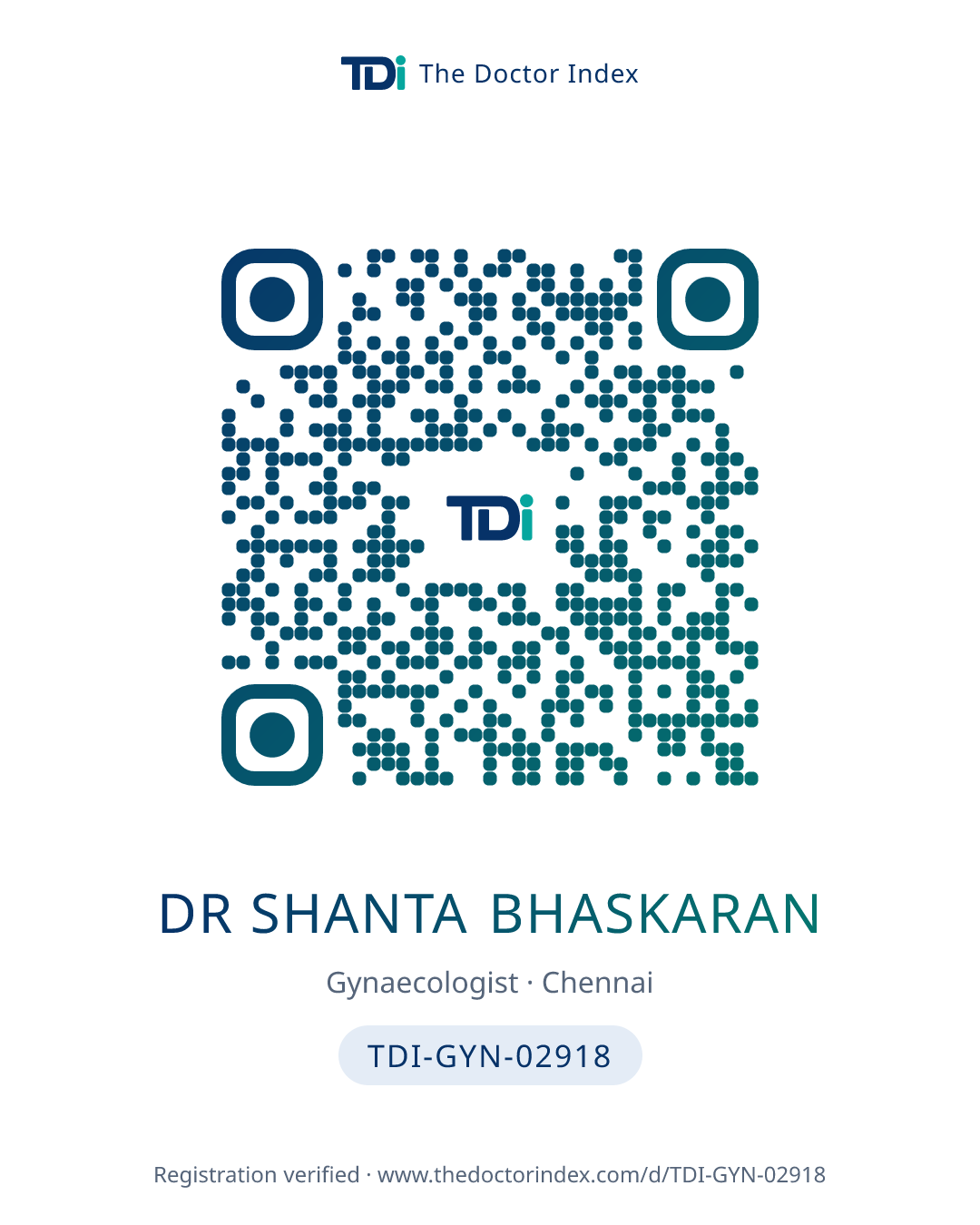 QR card for Dr Shanta Bhaskaran, TDI-GYN-02918