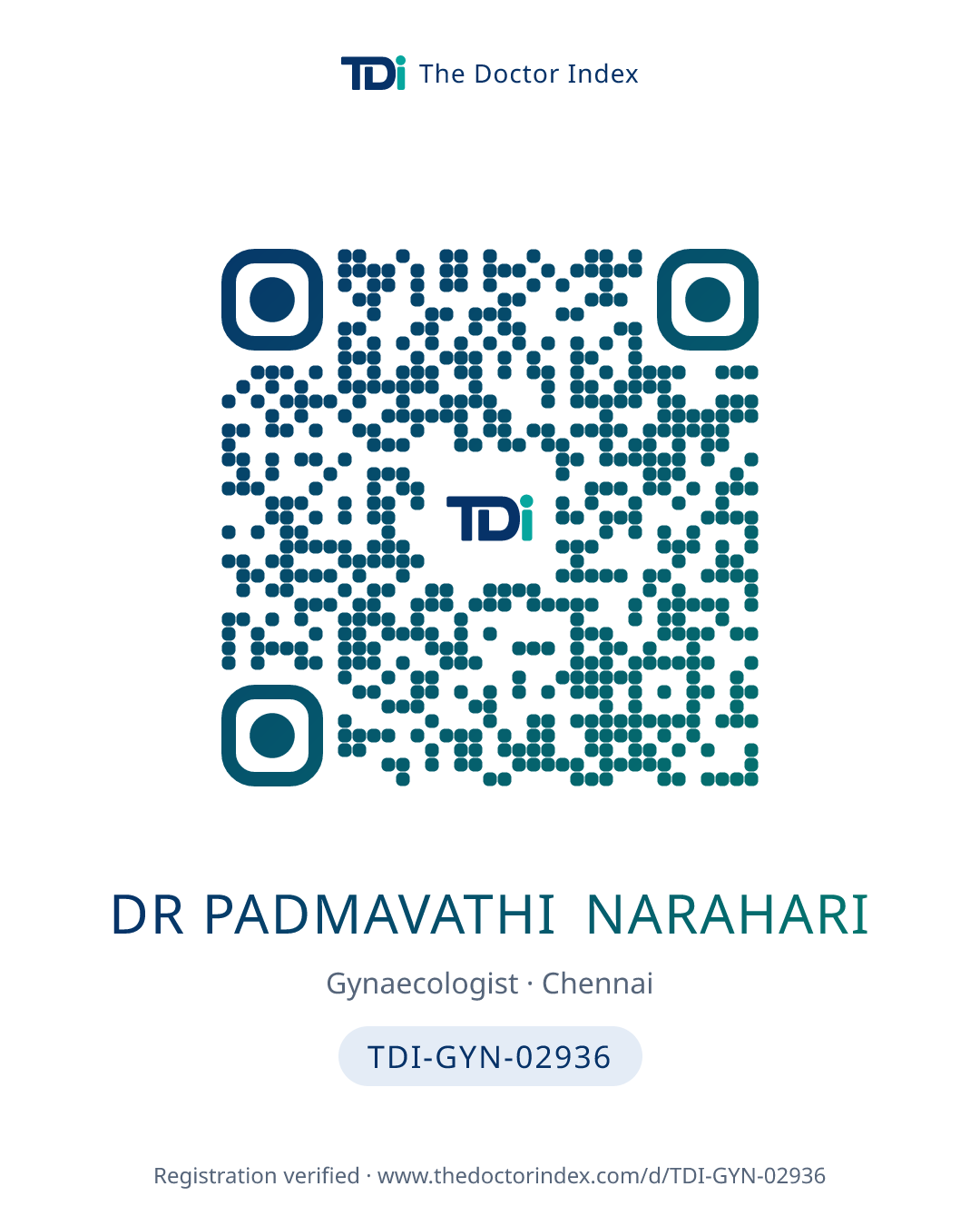 QR card for Dr Padmavathi Narahari, TDI-GYN-02936